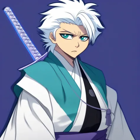 Hitsugaya Toshiro, solo,  anime,  1boy, male focus, young, small nose, small lips, tan skin, teal eyes, white hair, fluffy hair, hair over one eye, half bangs, hair behind neck, Hyorinmaru (sword), lavender katana handle, crest garda, sword, katana, sword ...