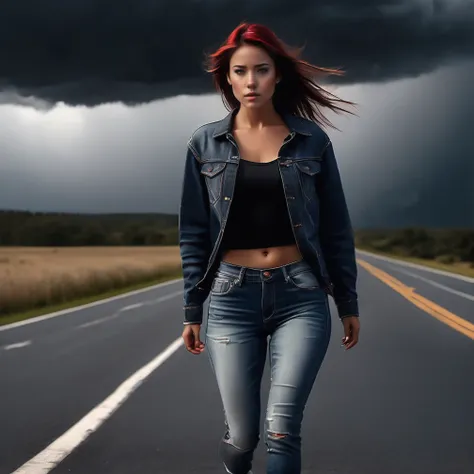 full body female clothed in a jeans walking down a lonely road with red lightning and dark clouds behind her, high detail, realistic photo, high detail, digital painting, cinematic, stunning, hyper-realistic, sharp focus, high resolution 8k, insanely deta...