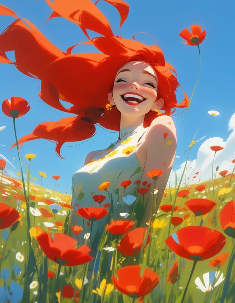 NijiEX style illustration of a joyful woman with vibrant red hair surrounded by a field of flowers under a clear blue sky, best quality