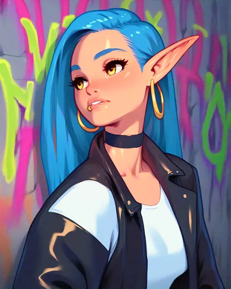 score_9,score_8_up, score_7_up, elf woman with blue hair, upper body, choker, black leather jacket, white t-shirt, hoop earrings, lip ring, long hair, yellow eyes, graffiti wall <lora:PsyCartoonPony:1>