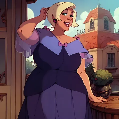 score_9, score_8_up, score_7_up, score_6_up, ansophie, blonde hair, chubby, <lora:AnsophieXL:1>, purple dress, cartoon, standing on balcony, looking at viewer, zPDXL2,