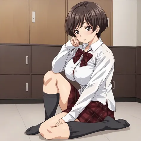 <lora:YukiHanamiyaXLpony001>,
solo,
YukiHanamiya,1girl,dark brown hair,short hair,black eyes,
large breasts,
white shirt,long_sleeves,bowtie,
plaid_dress,red skirt,
black socks,
full body,sitting,