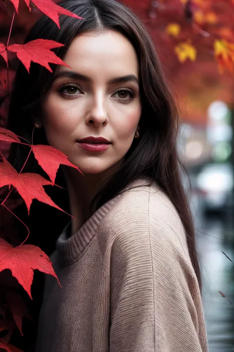 JodieC_SoloTI_v1,
a woman is looking back, (a quiet japanese street, just after the rain, damp,red maple leaves extend from the top of the wall:1.3),Dark shot, photorealistic, masterpiece, high quality, artistic, unique, award winning photograph, professio...