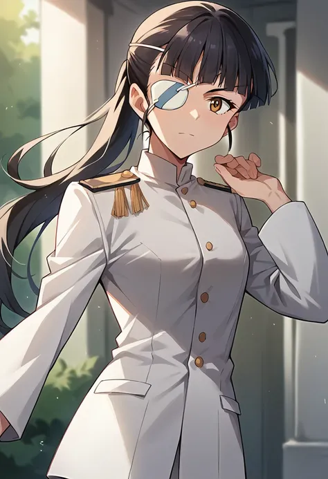 score_9, score_8_up, score_7_up, source_anime, masterpiece, 1girl, ctianmio, white uniform, eyepatch, no pants, looking at viewer,  <lora:Mio_Sakamoto_strike_PONY_ct:0.8>