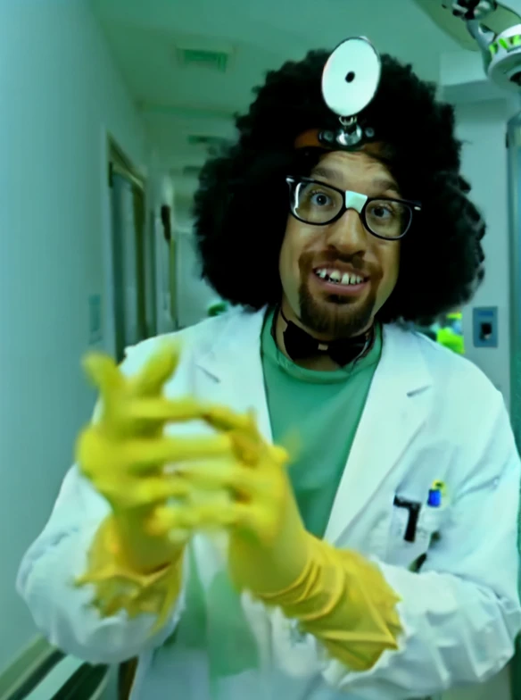 drgreenthumb, male, head mirror, afro hair, cross eyed, taped glasses, goatee beard, fake teeth, goofy smile, lab coat, bow tie, green shirt, yellow rubber gloves, a hospital corridor,   <lora:Dr_Greenthumb:0.8>