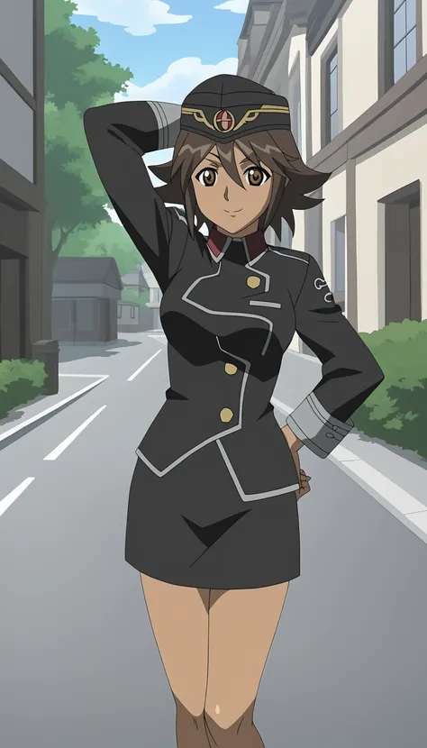 score_9, source_anime BREAK, oldest, anime screencap, outdoors, town, day, pose,  <lora:CelicaYayoi(Pony)-6:1>CelicaYayoi, 1girl, solo, short hair, brown hair, hat, jewelry, buttons, yellow buttons, uniform, multicolored uniform, collared uniform, long sle...