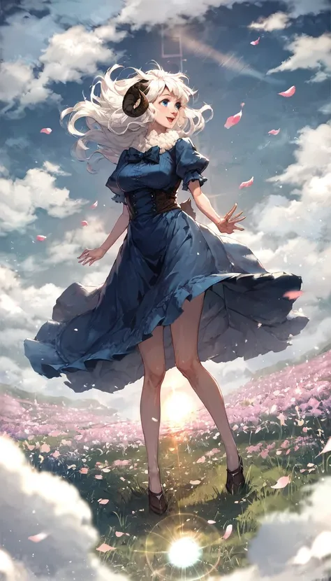 zPDXL, score_9, score_8_up, score_7_up, score_6_up, score_5_up, score_4_up, solo,outdoors,field,flowers,sunbeam,sheep girl,neck tuft,white hair,sheep horns,blue eyes,blue dress,frills,puffy sleeves,ribbons,bowtie,long hair,lens flare,from above,happy,wind,...