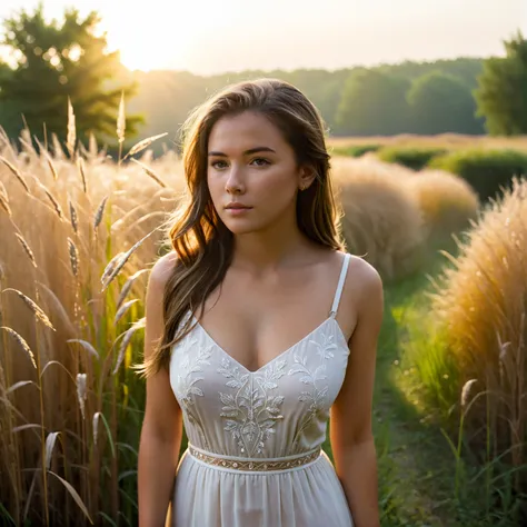 This photograph captures a serene moment of a young woman in a natural setting, bathed in the soft, golden light of the setting sun. The image is characterized by a shallow depth of field, which blurs the background and emphasizes the subject, creating a b...