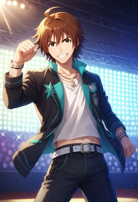 score_9, score_8_up, score_7_up, source_anime, highly detailed, 
touma, 1boy, male focus, brown hair brown eyes, solo, ahoge, smile, belt, jacket, stage,
jewelry, clenched hand, shirt, stage lights, midriff peek, pants,