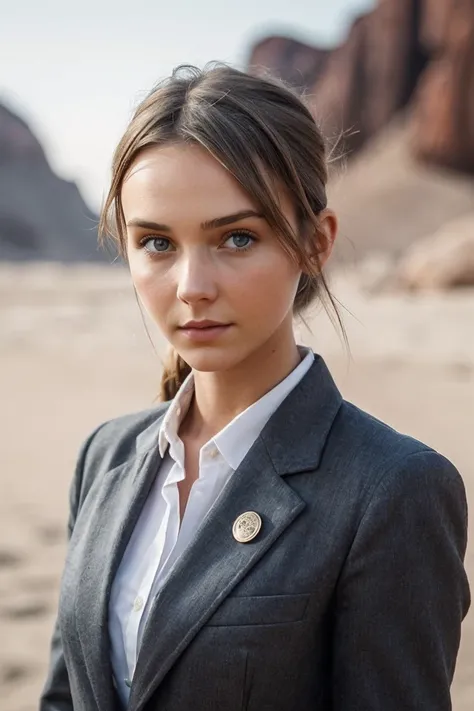 photo of R4ch3lC00k_HM-135, a woman, perfect hair, (modern photo), wearing blazer, button-up, slacks, 20mm short telephoto (analog, cinematic, film grain:1.3), Martian Geological Base, Research facility studying the geology and geological history of Mars.,...