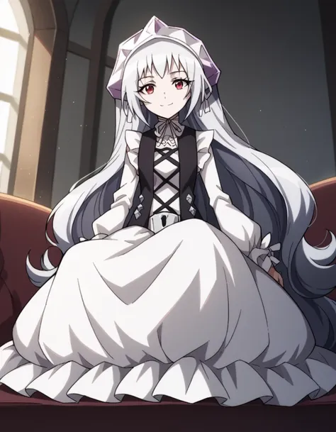 score_9, score_8_up, score_7_up, source_anime,
ironmaidenjeanne, <lora:iron-maiden-jeanne-2021-ponyxl-lora-nochekaiser:1>,
jeanne, long hair, very long hair, white hair, red eyes,
dress, frills, white dress, frilled sleeves, long sleeves, ribbon, headdress...