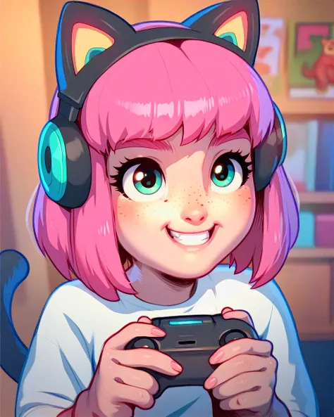 score_9,score_8_up, score_7_up, photograph of a cute gamer girl, pale skin, pink hair, medium hair, freckles, headphones, cat ears, holding game controller <lora:PsyCartoonPony:1>