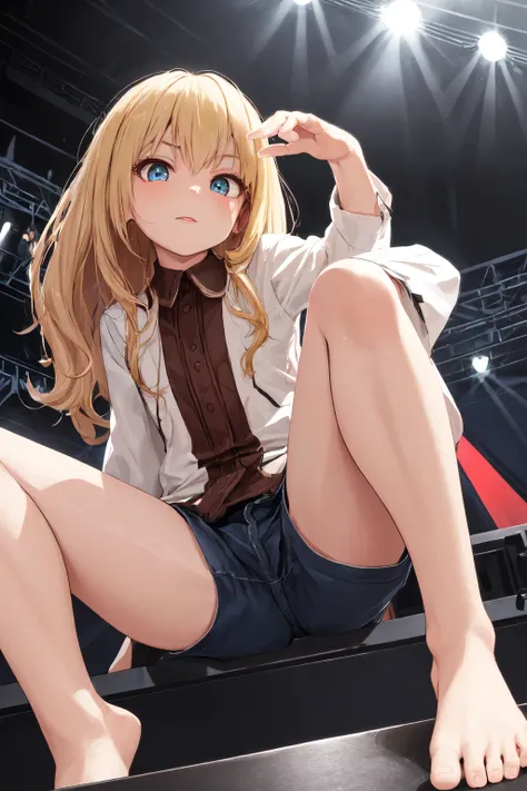 ((different clothes)), (Petite) , (random pose, posing to viewer), portrait photo of a blonde woman, wearing shorts, beautiful face, perfect eyes, brown hair, sitting on the stage, show legs, spread legs, bare feet, (low angle, shot from below),
<lora:hina...