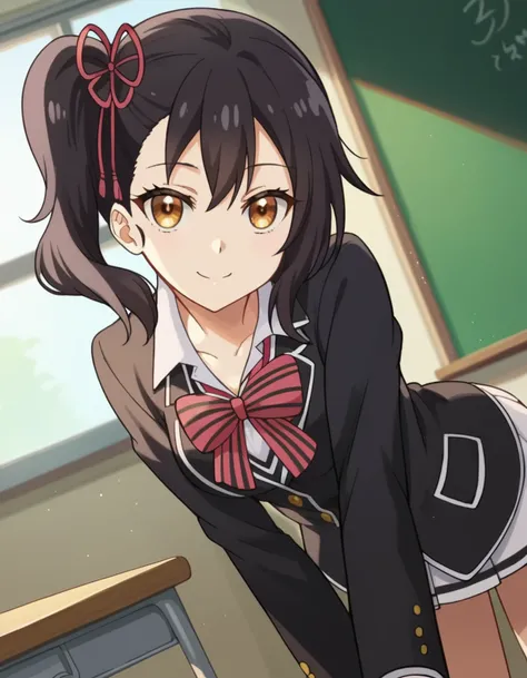 score_9, score_8_up, score_7_up, source_anime,
hasukikomai, <lora:hasuki-komai-s1-ponyxl-lora-nochekaiser:1>,
hasuki komai, black hair, ribbon, brown eyes, hair ribbon, side ponytail,
bow, school uniform, jacket, striped, bowtie, black jacket, blazer, stri...