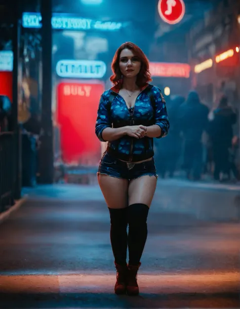 score_9, score_8_up, score_7_up,high res,high resolution,realistic skin,photo,frckr woman,1girl,red hair,medium length hair,blue jacket,denim shorts,full body,front view,standing,rim lighting,dark room,dimly lit,bokeh,street background