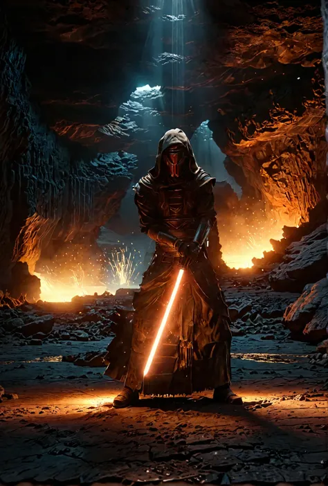 7-DarthRevan holding lightsaber, standing, fighting position,  rtx, field of view, singular lightsaber, darkness all around, inside cave
cinematic masterpiece, slow motion, accurate clothing
[reflections, realistic lighting, light rays, beams of light, rea...