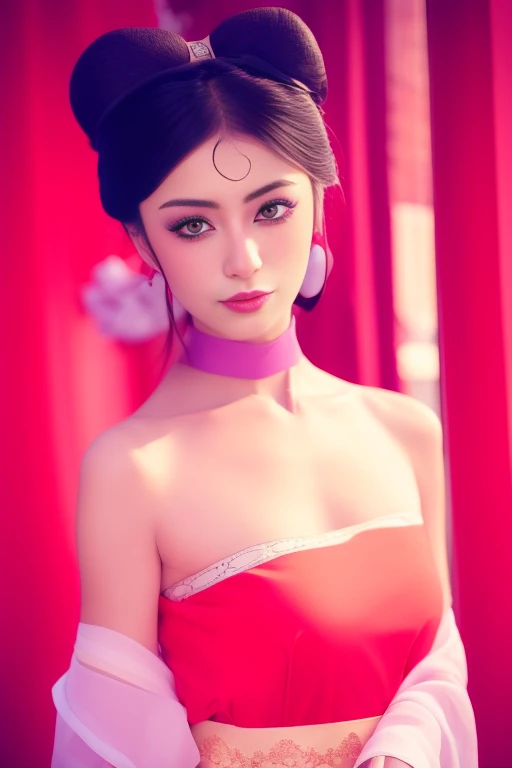 ltra-detailed,highly detailed,best quality,masterpiece,illustration,realistic,photorealistic,
daji, hanfu, 
1girl, solo, bare shoulders, large breasts, cleavage, collarbone, 
chinese clothes, dress, long sleeves, 
earrings, jewelry, choker, 
long hair, hai...