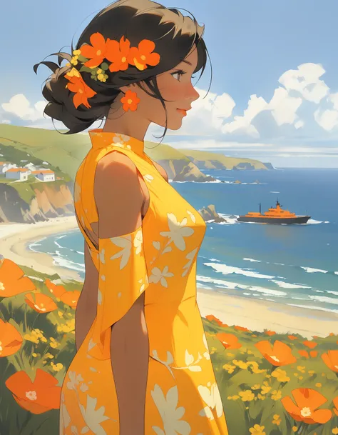 NijiEX style illustration of a woman with orange flowers in her hair standing by a coastal view wearing a yellow dress, best quality