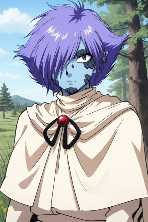 (zelgadis:1), solo male, 1boy, upper body portrait, purple hair, forest,cape, expressionless, (red:1.1) jewel, standing, looking at viewer, grass, detailed background <lora:Zelgadis1:0.65>, blue skin,  hair over one eye, bow