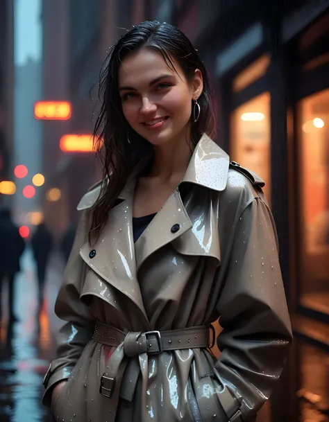 In a gritty, neo-noir atmosphere of rain-slicked streets and dimly lit alleyways, T4YB3LL, a woman with a captivating smile, is captured in a close-up shot. She stands confidently against the cold brick wall, her eyes sparkling like twin diamonds under the...