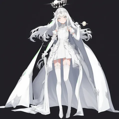 <lora:xihuanfengge:1>,
1girl,solo,gloves,grey background,thighhighs,full body,elbow gloves,simple background,white gloves,dress,floating object,long hair,cape,standing,white thighhighs,white dress,white footwear,halo,jewelry,garter straps,white hair,puffy ...