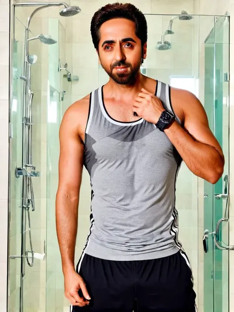 Ayushmann Khurrana a man <lora:Ayushmann-Khurrana:1>, Is wearing a gray tank top with sweat and black shorts. standing with his hands over his face as if he is in pain or discomfort. The background is lush bright bathroom in white which contrasts with the ...