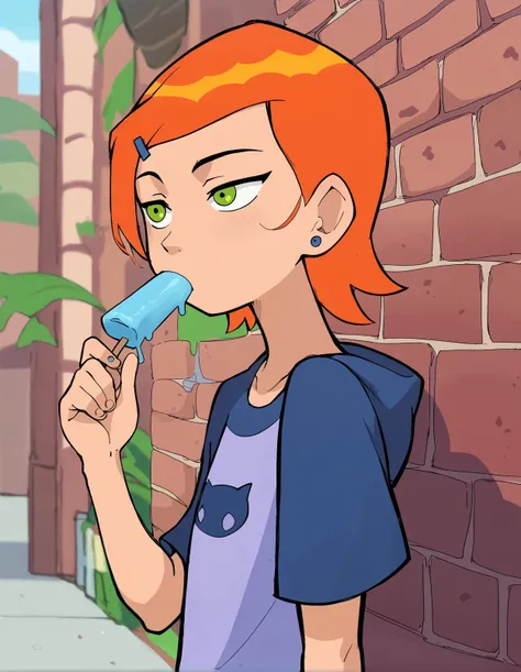 score_9,score_8_up,score_7_up,score_6_up,score_5_up,score_4_up, flat color, gwen tennyson from ben 10,  , green eyes, orange hair, short hair, from side, eating popsicle, hairclip, short hair, summer, solo
<lora:gnsisir_style_pony6_v1-000036:1.2>