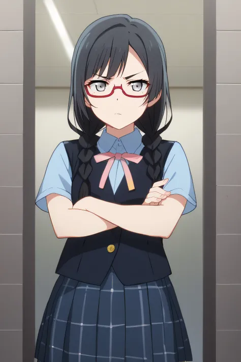 score_9, score_8_up, score_7_up, source_anime, rating_safe, intricate details, anime screencap, official style, <lora:Nakagawa_Nana:1>, nakagawa, black hair, grey eyes, red glasses, twin braids, school uniform, collared shirt, short sleeves, pink ribbon, b...