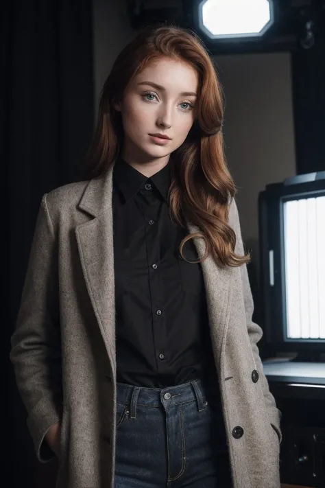 photo of R3dF0x_HM-135, a woman, perfect hair, (modern photo), wearing black jeans, black button-up shirt, wool coat, 50mm medium telephoto (analog, cinematic, film grain:1.3), Time Travel Facility, Advanced facility with portals, time machine, and scienti...