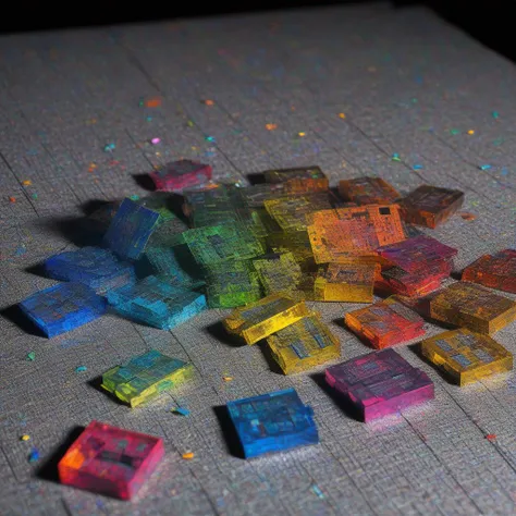 A bunch of Computer dies in a black studio with white spot light hitting the dies are falling to the ground and getting destroyed into pieces like shattering glass, reflection on the floor, it reflects all the colors in a rainbow way, ultra sharp detailed ...