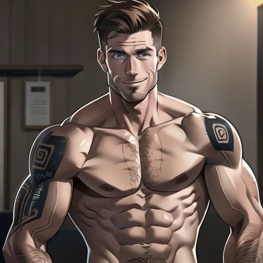 (masterpiece), best quality, expressive eyes, perfect face, 31-year-old handsome white male, dark brown hair, recovering addict, thin but slightly muscular frame, shirtless, Looking at viewer with a cool smile, tattoos on chest  and arms