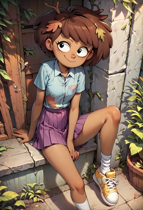 score_9,score_8_up,score_7_up,score_6_up,score_5_up,score_4_up,<lora:Anne_Boonchuy_from_Amphibia:0.75>,1 girl,anneboonchuy,brown hair,dark-skinned female,short hair,leaf hair ornament,smile,white socks,collared shirt,sneakers,purple skirt,pleated skirt,<lo...