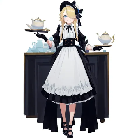 <lora:xihuanfengge:1>,
1girl,gloves,blonde hair,teapot,blue eyes,solo,white background,long hair,dress,teacup,apron,braid,cup,tray,simple background,shoes,full body,striped,hair over one eye,watch,hat,maid,ribbon,smile,looking at viewer,black gloves,holdin...