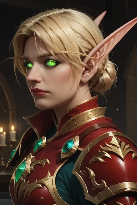 score_9, score_8_up, score_8, (masterpiece, best quality, highly detailed, realistic), source_western, 2.5d, screencap, profile portrait of camcla as a blood elf, long bushy blonde hair, looking at the viewer, (wearing red and gold blood knight armor:1.2),...