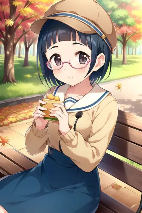 (masterpiece), okazaki yasuha, short hair, dark blue hair, dark brown eyes, autumn leaves, food, glasses, pink-framed eyewear, outdoors, tree, hat, 1girl, skirt, bench, solo focus