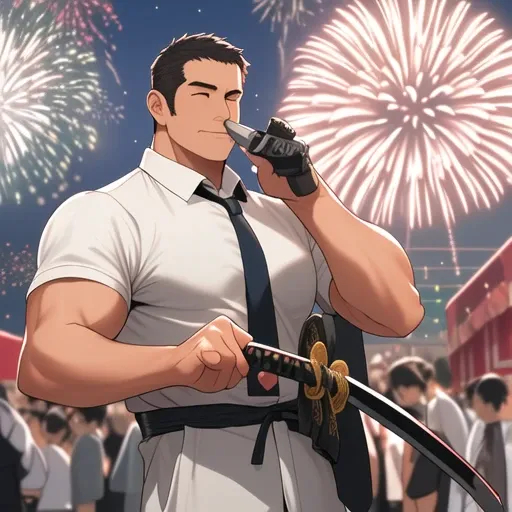 mature male, phone, solo focus, weapon, underwear, festival, necktie, katana, fireworks, large pectorals