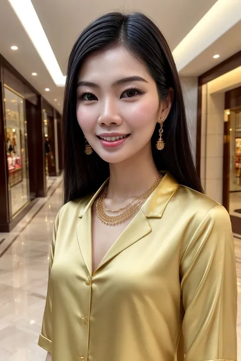 Asian woman, closeup, (shirt), pants, (shopping mall hallway), gold necklace , smiling , KM_alyssa, wide shoulders, perfect face, (contact iris: 1.1), pale skin, skin pores , depth of field