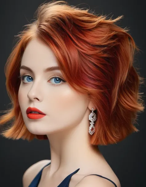cinematic still bellissima, 1girl, solo, looking at viewer, short hair, blue eyes, simple background, red hair, artist name, orange hair, makeup, lipstick, black background, portrait, realistic, red lips . emotional, harmonious, vignette, 4k epic detailed,...