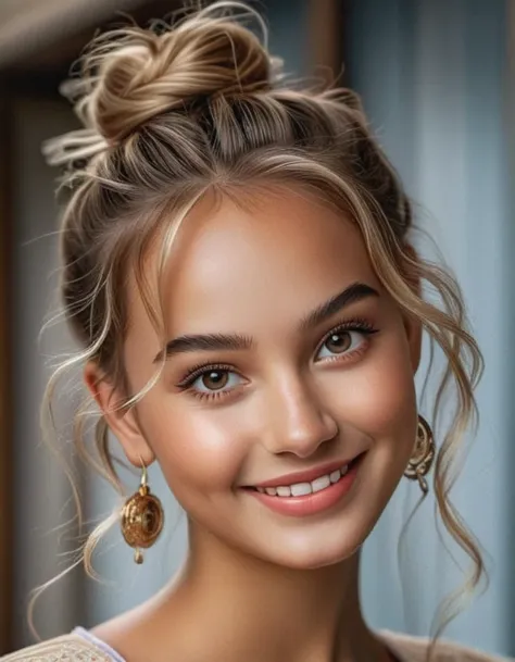 cinematic still bellissima, 1girl, solo, looking at viewer, smile, blonde hair, jewelry, earrings, teeth, hair bun, grin, makeup, single hair bun, portrait, hoop earrings, realistic . emotional, harmonious, vignette, 4k epic detailed, shot on kodak, 35mm p...