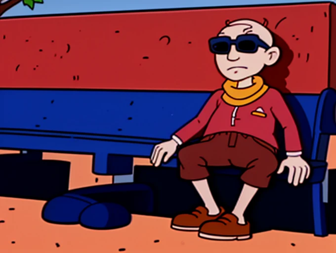 <lora:Boris_Kropotkin_Rugrats_1991:1.0>, 1man, red shirt, shorts, scarf, park bench, sunglasses, <lora:LCM_SD15:1.0>