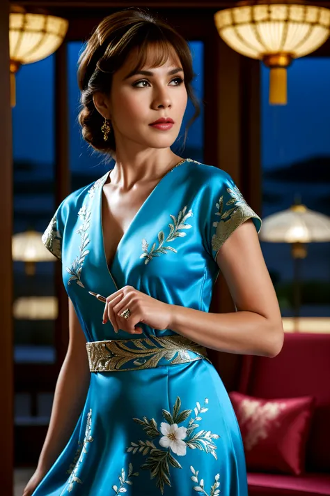 UHD, 4k, ultra detailed, cinematic, a photograph of Photorealism <lora:JaneyRobbins-000009:1> JaneyRobbinsSDXL wearing china dress  by Jimmy Choo, Photorealism, often for highly detailed representation, photographic accuracy, or visual illusion., epic, bea...