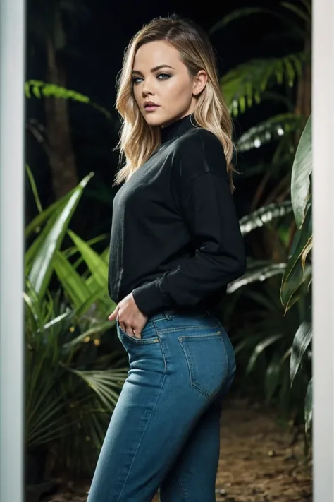 photo of Al3x1sT3x4s_HM-135, a woman, perfect hair, (modern photo), wearing baggy sweatshirt and jeans, 35mm standard (analog, cinematic, film grain:1.3), Bioluminescent Jungle, Dense jungle of glowing plants and creatures., detailed eyes, professional pos...