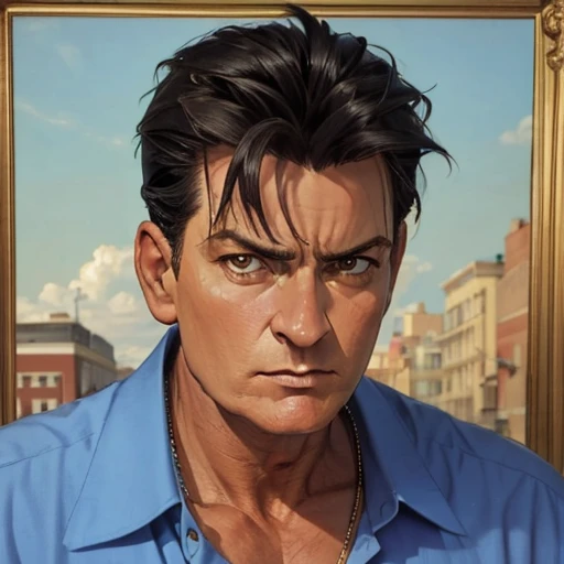 1boy, man, charliesheen, portrait, focus on face, solo, displeased, looking at the viewer, shirt, <lora:Charlie_Sheen:1>