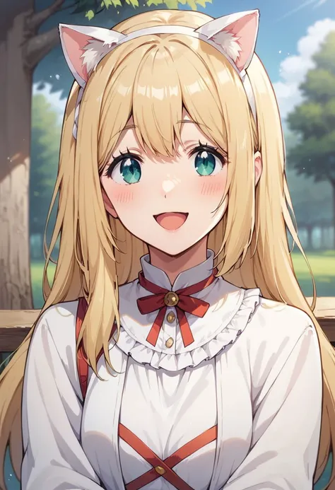 score_9, score_8_up, score_7_up,charlotte evans, animal ears, blonde hair, cat ears, 1girl, fake animal ears, smile, green eyes, + +, open mouth, blurry background, tree, long hair, outdoors, blush, hairband