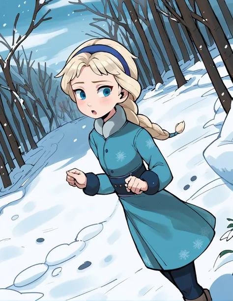 score_9,score_8_up,score_7_up,score_6_up,score_5_up,score_4_up, flat color, braid, 1girl, blonde hair, braid, blue hairband, elsa (frozen), winter, snow, outdoors, dutch angle, 
<lora:gnsisir_style_pony6_v1-000036:1>