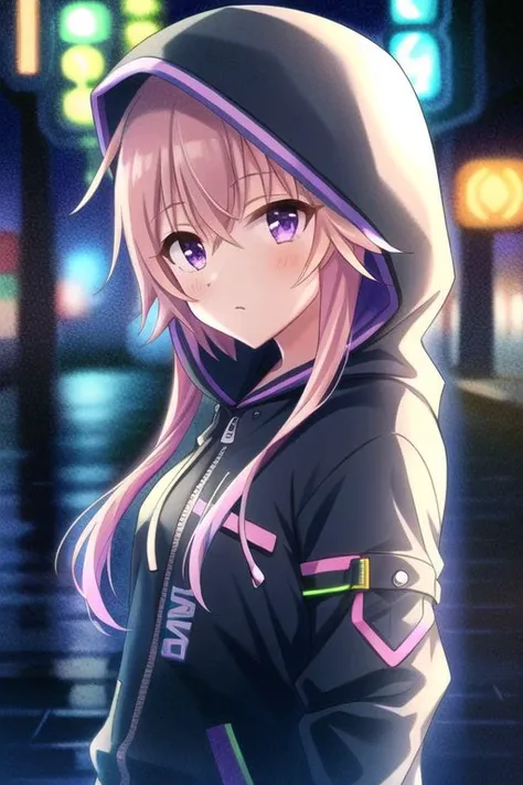 (masterpiece),ninomiya asuka, long hair, orange hair, purple eyes, 1girl, hood, solo, pink hair, hood up, jacket, hooded jacket, upper body, neon lights, outdoors, night, blurry