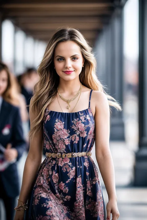 MenaS_SoloTI_v1,
(A stylish floral-printed dress, paired with trendy accessories and a confident smile, exuding the charm of a university campus beauty:1.1), ((In the bustling college campus, with students bustling between classes and the air filled with y...