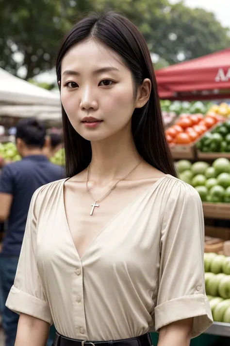 Asian woman, closeup, (shirt), pants, (farmers market), cross necklace , (), KM_sherry, wide shoulders, perfect face, (contact iris: 1.1), pale skin, skin pores , depth of field