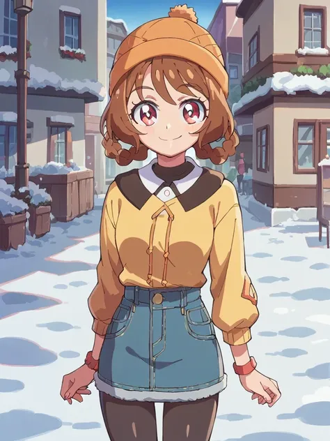 score_9, score_8_up, score_7_up, 
1girl, hanamichi ran, brown hair, medium hair, hair rings, red eyes,

smile, looking at viewer, 

yellow sweater, denim skirt, outdoors, black leggings, city, street, solo, snow, beanie,
