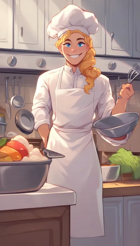 zPDXL, score_9, score_8_up, score_7_up, score_6_up, score_5_up, score_4_up, shading, blonde chef, beautiful face, bright blue eyes, long wavy blonde hair, wearing a classic white chefs hat, white chefs jacket, apron, standing in a modern kitchen, stainless...